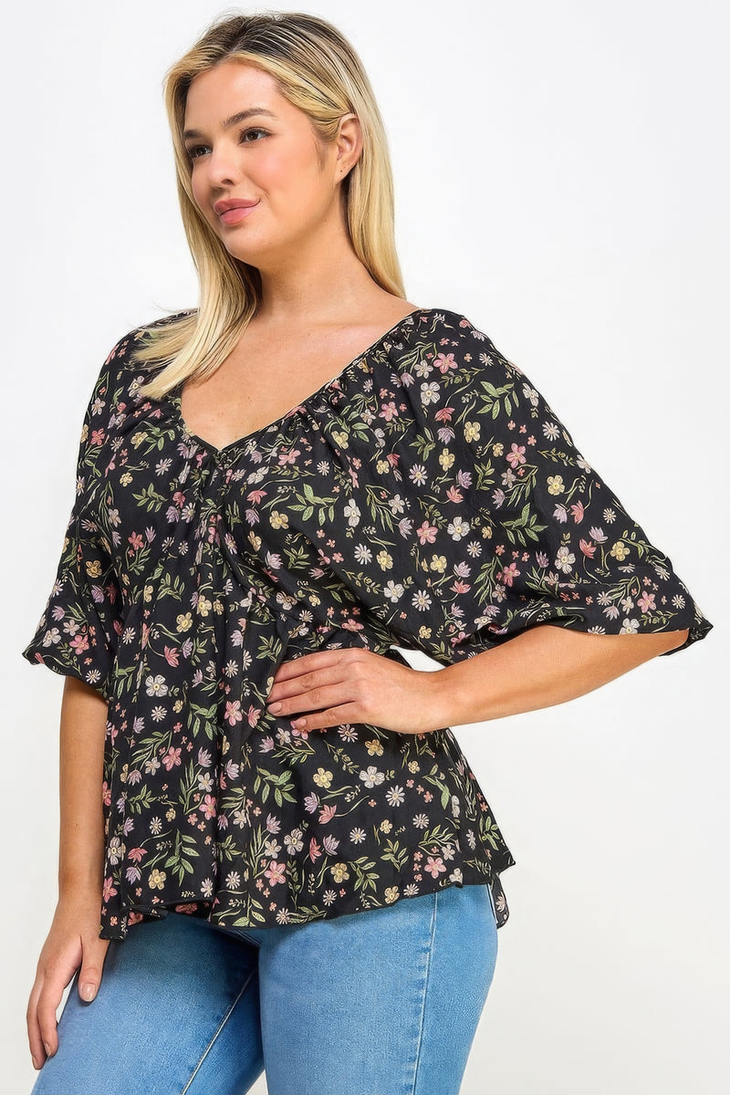 Floral V-neck Babydoll Balloon Slv Top